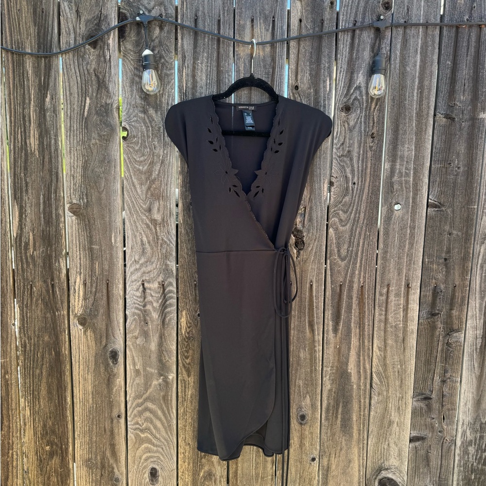 Kenneth Cole Black Flower Cutout Wrap Style Dress with Side Tie, midi length Sm